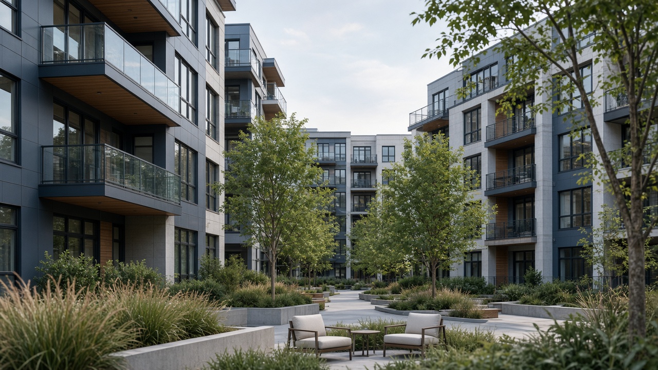 Multifamily courtyard with trees, seating, and apartment balconies