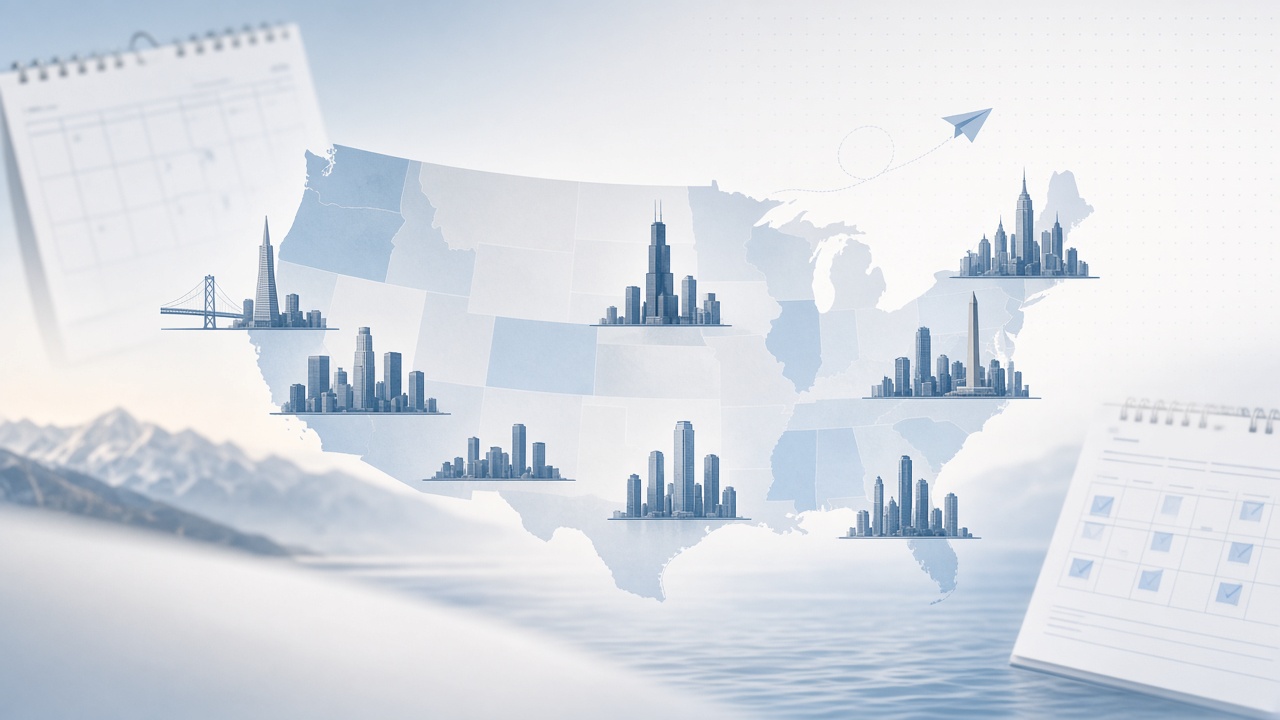 Stylized United States map with city skylines used for nationwide scheduling